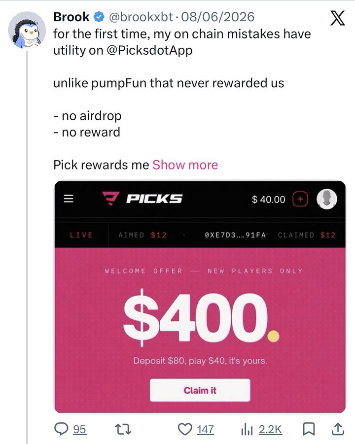 Brook’s X post about rewards on Picks