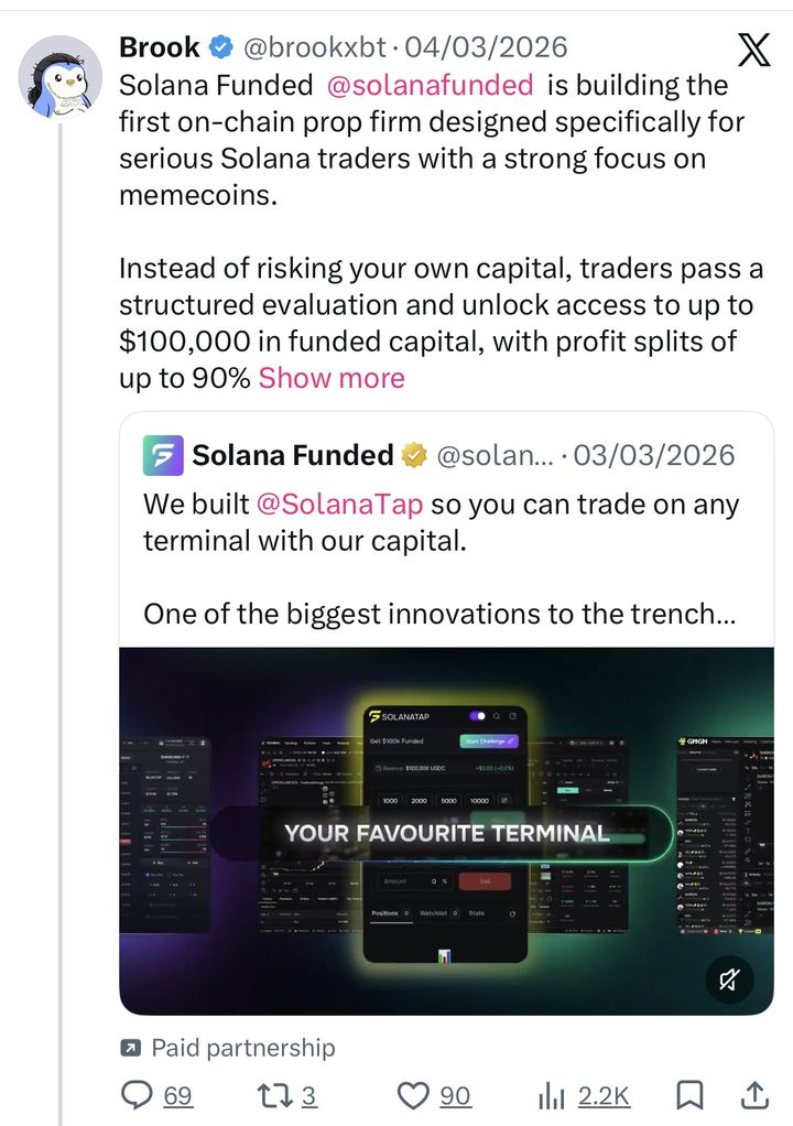 Brook’s X post about Solana Funded, an on-chain prop firm for Solana traders